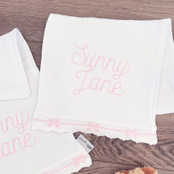 Cotton & Lace Baby Girl Burp Cloth Set of 2 { Heirloom Collection } Pink Bows + Personalization with Name Embroidered in the Handstitch Font