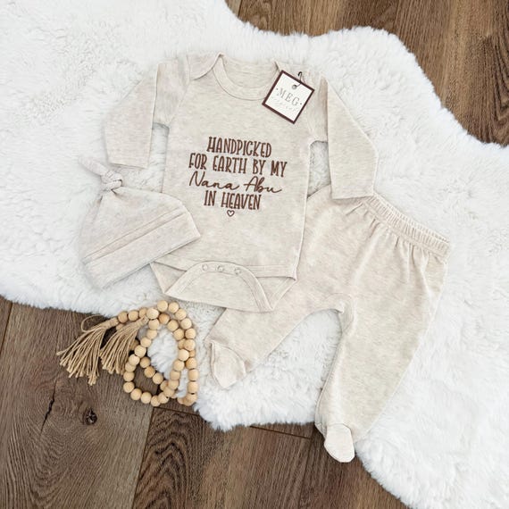 Embroidered Baby Gift Set - Handpicked for Earth by Grandma/Grandpa/Nana in Heaven - Onesie, Footed Pants, Cap