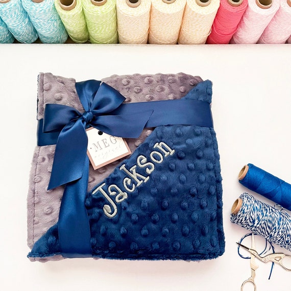 Navy Blue and Charcoal Gray Minky Dot Baby Boy Blanket + Option to Personalize with Name or Initials { Monogrammed Baby Shower Gift }