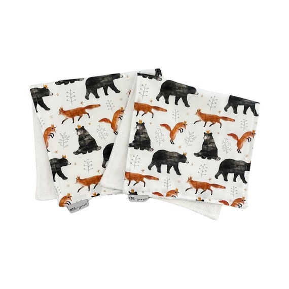 Baby Burp Cloth Set { The Fox & The Bear } Soft Baby Animals with Crowns Print, Absorbent Burping Cloths with Option to Personalize