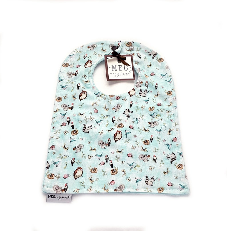 Forest Animals on Aqua Soft /& Durable Baby-to-Toddler Adjustable Snap Bib { Woodland Meadows } Grows with Baby into a Toddler
