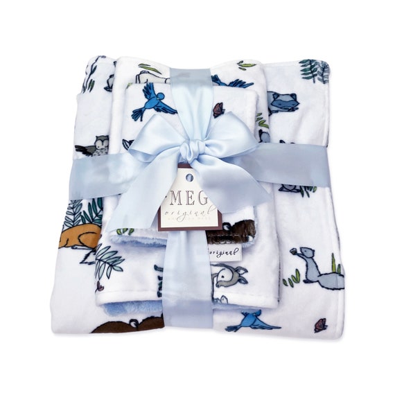 Super Soft Minky Baby Boy Shower Gift Set { Woodland Pals } Forest Animals - Blanket + Bib + Burp Cloth with Option to Personalize