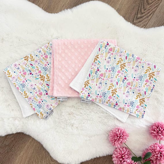 Baby Girl Burp Cloth Set of 3 { Wild Flower Vines } Pastel Flowers with Hot Pink - Baby Shower Gift with Option to Personalized with Name