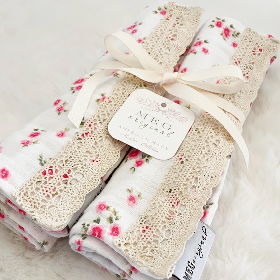 Floral Cotton & Lace Baby Girl Burp Cloth Set of 2 { Heirloom Collection } Option to Personalize with Embroidered Name or Initials Monogram