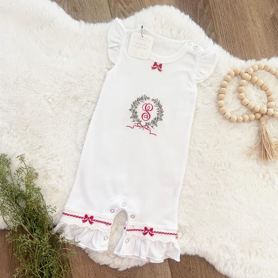Beautiful Custom Newborn Baby Girl Flutter Sleeve Red Bow Christmas Romper, Personalized with Embroidered Floral Wreath & Baby's Initial(s)