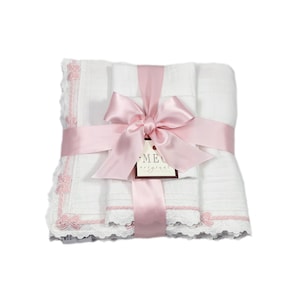 Beautiful Baby Girl Shower Gift Set { Heirloom Collection } Blanket, Burp Cloth + Bib, White with Pretty Pink Bows