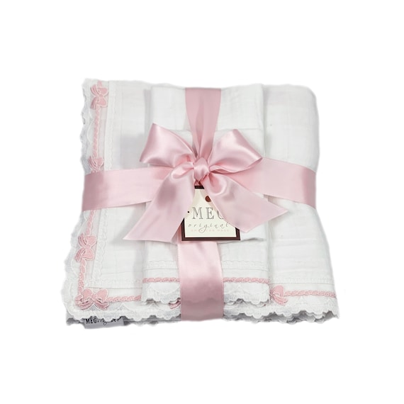 Beautiful Baby Girl Shower Gift Set { Heirloom Collection } Blanket, Burp Cloth + Bib, White with Pretty Pink Bows