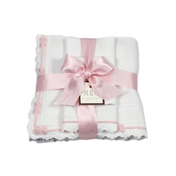 Baby Girl Shower Gift Set { Heirloom Collection } Blanket, Burp Cloth, Bib + Bonnet in White with Pink Bows, PRE-ORDER