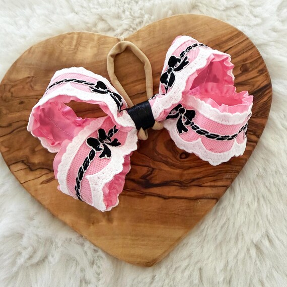 Pink & Black Bows Little Girl Hair Bow - Baby Shower Gift / Portrait, Photo Prop - Headband or Clip