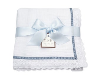 White & Blue Baby Boy Swaddle Blanket { Heirloom Collection } 100% Cotton with Blue Velvet Stripe + Option to Personalize