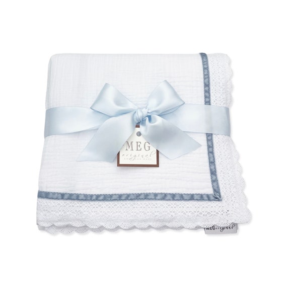 White & Blue Baby Boy Swaddle Blanket { Heirloom Collection } 100% Cotton with Blue Velvet Stripe + Option to Personalize