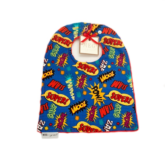 Super Hero Comics Bib { Baby / Toddler Boy Adjustable Snap Bib } "POW, SLAM, ZAP!"