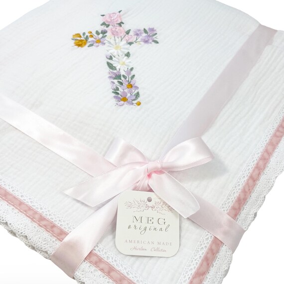 Personalized Baby Swaddle Blanket + Delicate Lace Trim { Floral Embroidered Cross } Christening, Baptism, Dedication + Name & Date