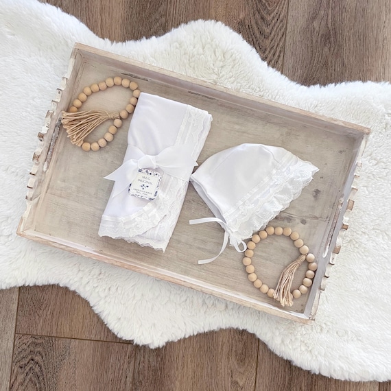 Beautiful White Baby Girl Knit Blanket & Ruffle Bonnet Set with Delicate Bows { Dedication, Christening, Baptism } Option to Personalize