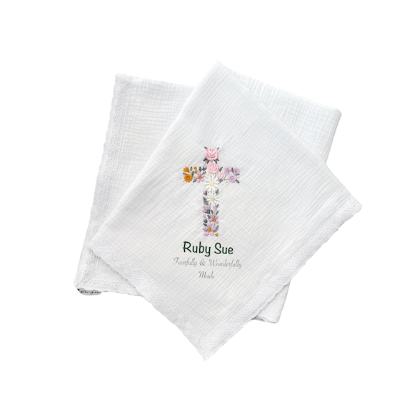 Personalized Easter Baby Swaddle Blanket + Delicate Trim { Floral Embroidered Cross } Christening, Baptism, Dedication + Name & Date