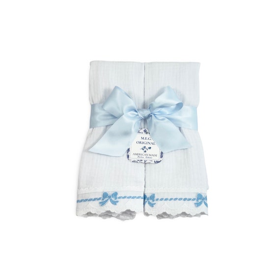 Cotton & Lace Baby Burp Cloth Set of 2 { Heirloom Collection } Blue Bows + Option to Personalize with Name or Initials Monogram