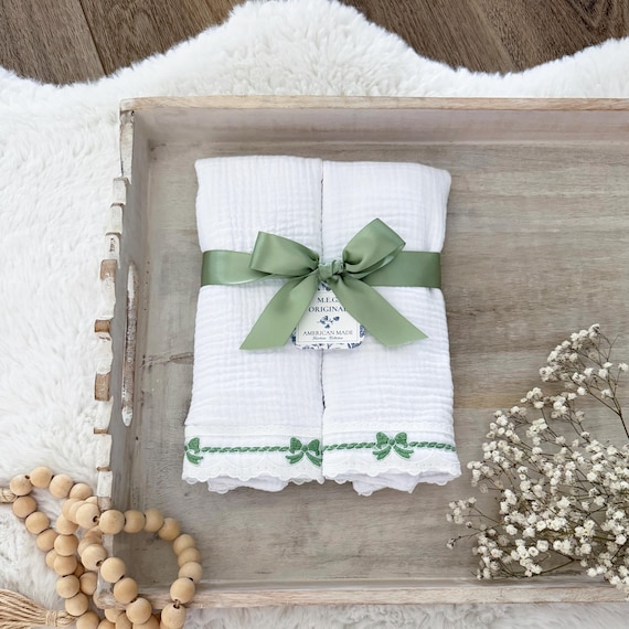 Baby Burp Cloth Set { Heirloom Collection } Sage Green Bows, 100% 6ply Cotton + Personalization Option
