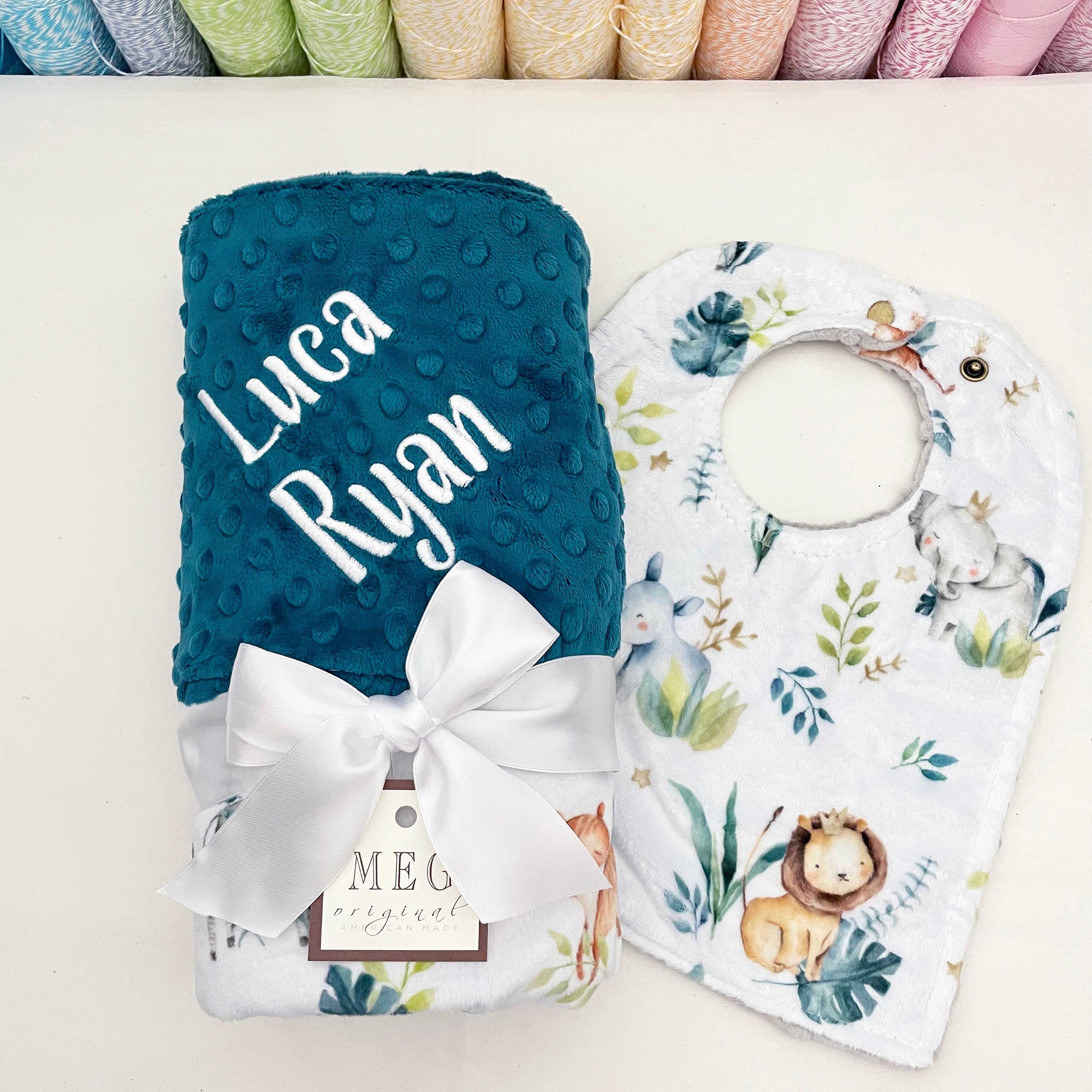 Personalized Baby Blanket Bib Set SAFARI BABIES Soft Minky Jungle Animals with Crowns Name or Initials Monogram Baby Shower Gift