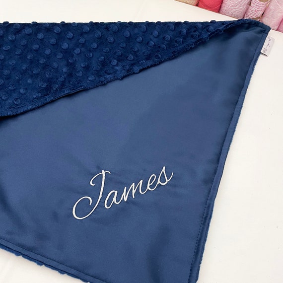 Satin + Minky Baby Boy Security Blanket / Lovey with Loop { Navy Blue Satin } Choice of Minky Dot Color + Personalize with Embroidered Name