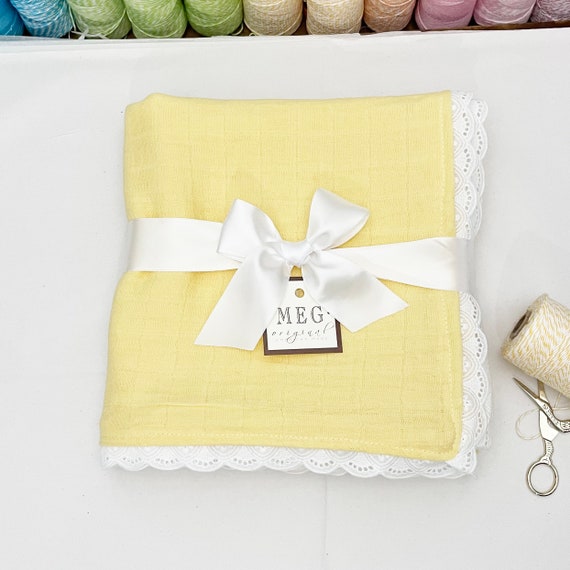 Heirloom Baby Blanket { Yellow & White } Soft Cotton Swaddle Blanket with Delicate Lace Trim Finishing - SALE - Last One!
