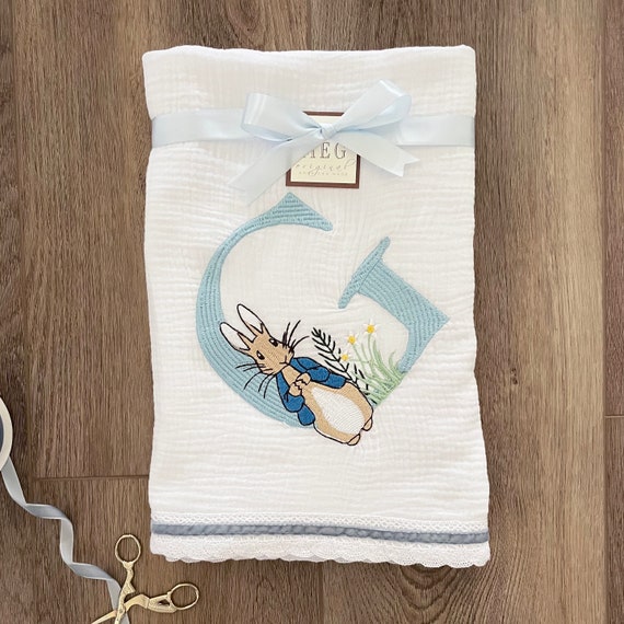 Peter Rabbit Baby Swaddle Blanket Shower Gift { Heirloom Collection } 100% Cotton with Velvet Stripe + Initial-Pink or Blue for Boys & Girls