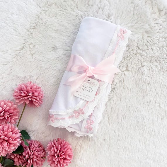 Heirloom Baby Blanket, Knit Swaddle Blanket with Delicate Pink Bows + Personalization