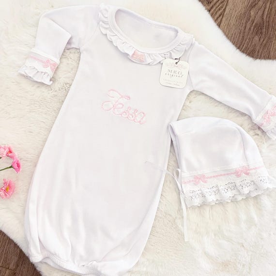 Beautiful Custom Newborn Baby Girl Flutter Sleeve Gown & Bonnet Shower Gift Set { Pink Bows } Personalized with Embroidered Name or Initials