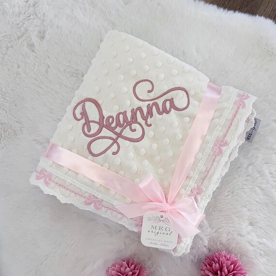 Heirloom Baby Girl Blanket { Pink Bows } Minky Dot Blanket in Your Choice of Color with Option to Embroider Name or Initials