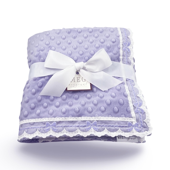 Lavender Heirloom Baby Girl Minky Dot Blanket with Delicate White & Pink Bow Lace Trim Finishing + Option to Personalize with Name /Initials