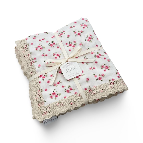 Pretty Pink Floral Baby Blanket with Delicate Crochet Lace Trim { Heirloom Collection } Swaddle or Crib + Personalize with Name or Monogram