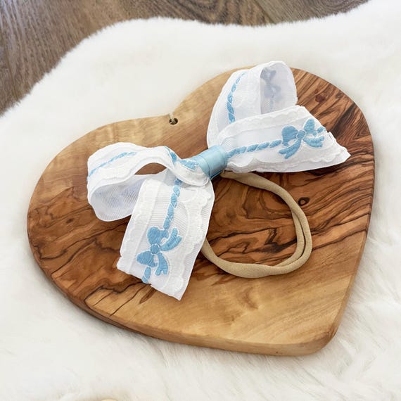 Baby Blue and White Bows Girl Hair Bow on Super Soft Headband { Heirloom Collection } Popular Blue Girl Shower Gift / Accessories