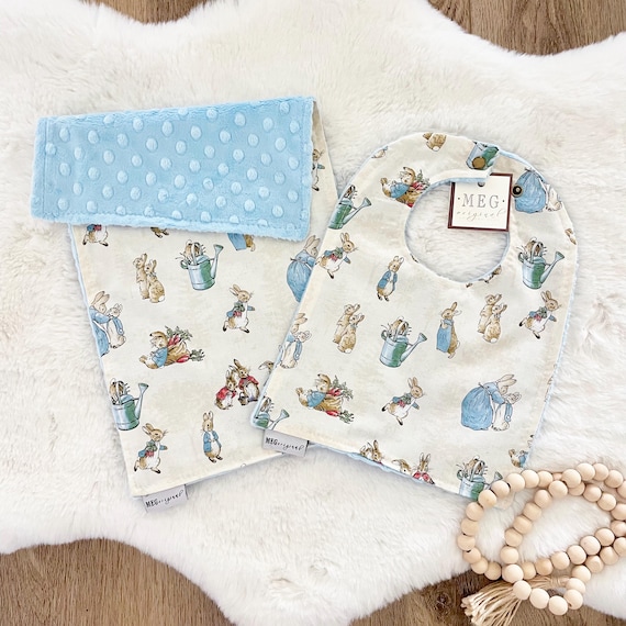 Peter Rabbit Baby-to-Toddler Adjustable Snap Bib & Burp Cloth Set- Beatrix Potter Gift -Soft Cotton, Absorbent, Durable, Boy/Girl/Unisex