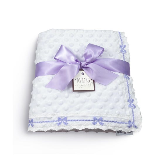 Pretty White Heirloom Baby Girl Minky Dot Blanket with Delicate Lavender Bow Trim Finishing + Option to Personalize with Name or Initials