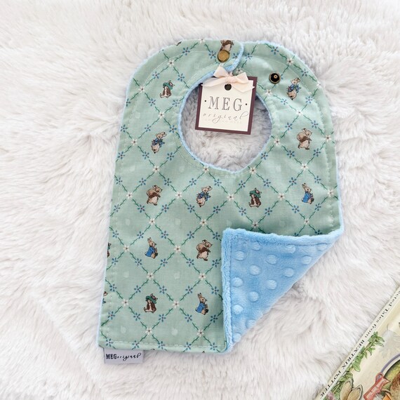 Green Peter Rabbit & Friends Bib { Baby-to-Toddler Adjustable Snap Bibs } Beatrix Potter - Soft Cotton, Absorbent and Durable- Lattice