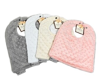 SPECIAL--Buy 3, Get 1 FREE-- Minky Dot Baby-to-Toddler Adjustable Snap Bibs, Peach - Gray - White - Ivory, Baby Girl Shower Gift