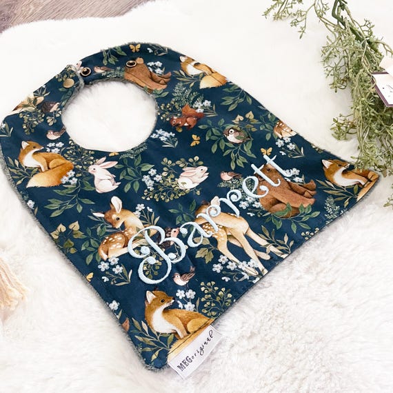 Baby-to-Toddler Adjustable Snap Bib { Forest Dreams in Green } Soft, Absorbent & Durable -Bears / Deer- Choose Reverse Color Minky Backing