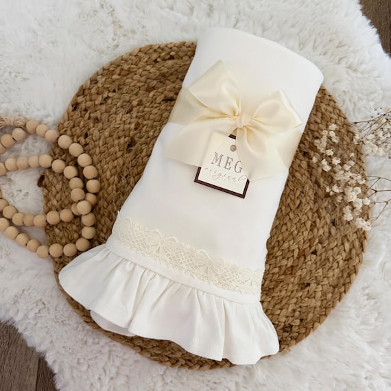 Ivory Baby Swaddle Ruffle Blanket: Soft Organic Cotton Knit with Vintage Bow Lace Trim