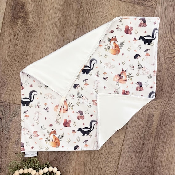 Personalized Satin + Minky Baby Security Blanket / Lovey with Loop { Fawn & Friends } Woodland Forest Animals with Ivory Satin with Name