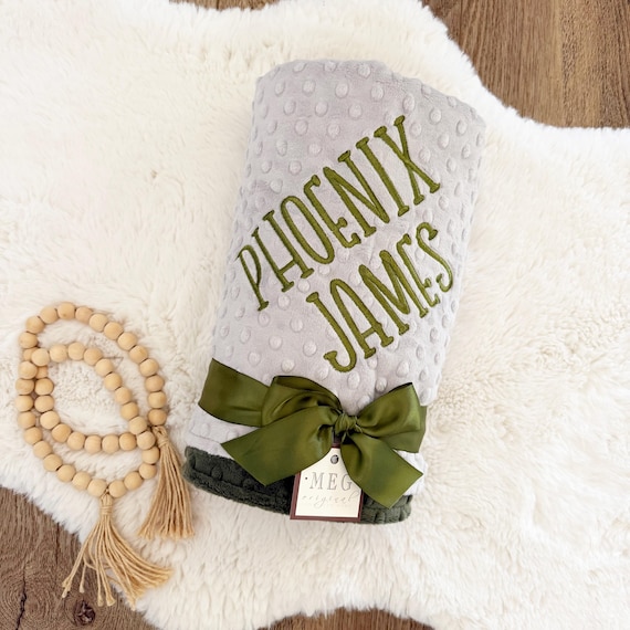 Dark Sage Green & Gray Minky Dot Baby Boy Blanket with Option to Personalize with Name or Initials - Crib, Stroller, Child, Lovey