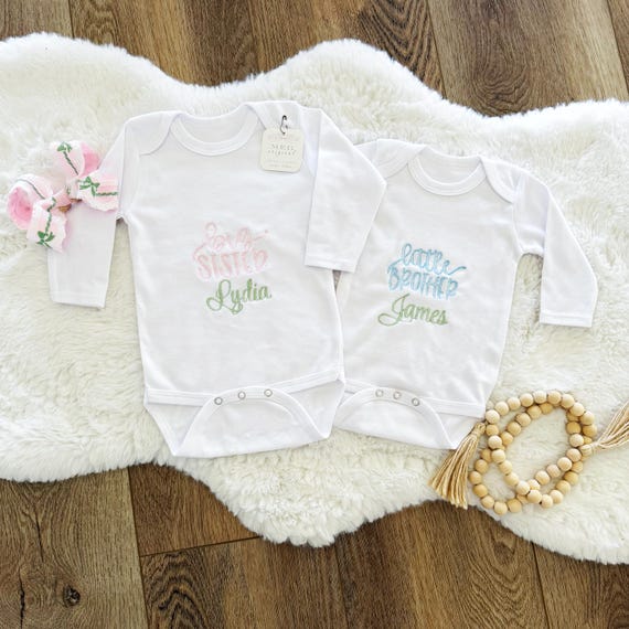 Big Brother/Sister + Little Brother/Sister Bodysuit or Shirt, Embroidered Sibling Outfit Photo Prop- Pregnancy Announcement / Gender Reveal