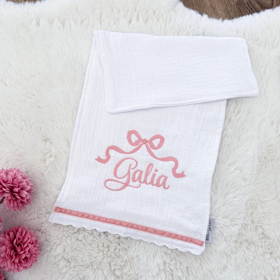 Personalized Burp Cloth: White Cotton Gauze with Pink Bow and Name Embroidery