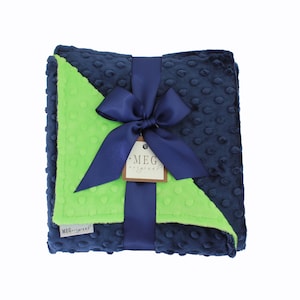 Navy Blue & Lime Green Minky Dot Baby Boy Blanket { Seattle Seahawks Gift } Option to Personalize with Name or Initials Monogram