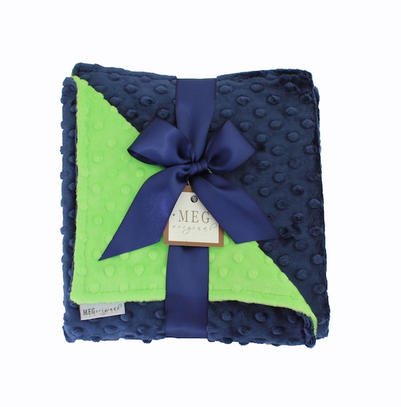 Navy Blue & Lime Green Minky Dot Baby Boy Blanket { Seattle Seahawks Gift } Made and Ready to Ship Same Day- Clearance Sale