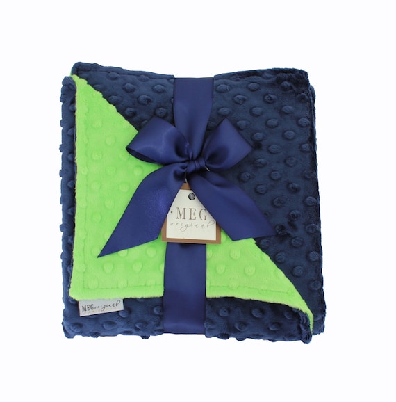 Navy Blue & Lime Green Minky Dot Baby Boy Blanket { Seattle Seahawks Gift } Option to Personalize with Name or Initials Monogram