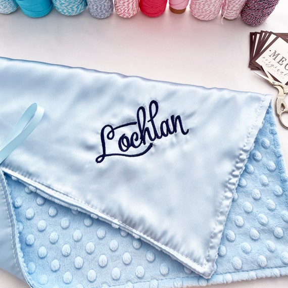 Satin + Minky Baby Boy Security Blanket / Lovey with Loop { Blue Satin } Your Choice of Minky Dot Color, Best Embroidered Shower Gift