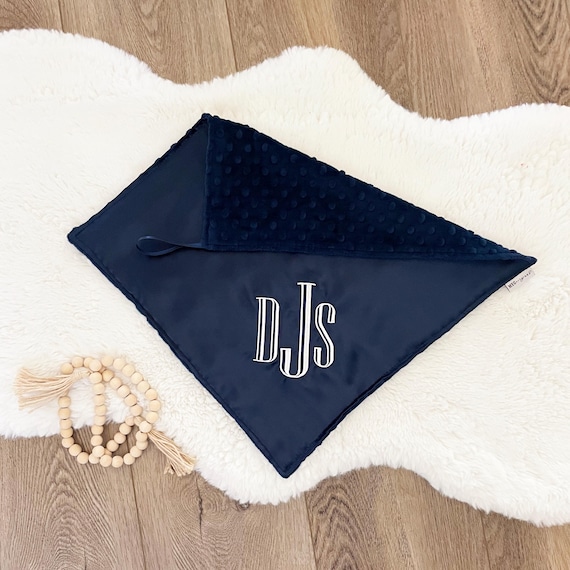 Satin + Minky Baby Boy Security Blanket / Lovey with Loop { Navy Blue Satin } Choice of Minky Dot Color + Personalize with Embroidered Name