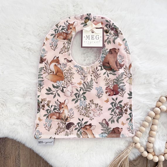 Baby-to-Toddler Adjustable Snap Bib { Forest Dreams in Pink } Soft, Absorbent & Durable -Bears / Deer- Choose Reverse Color Minky Backing