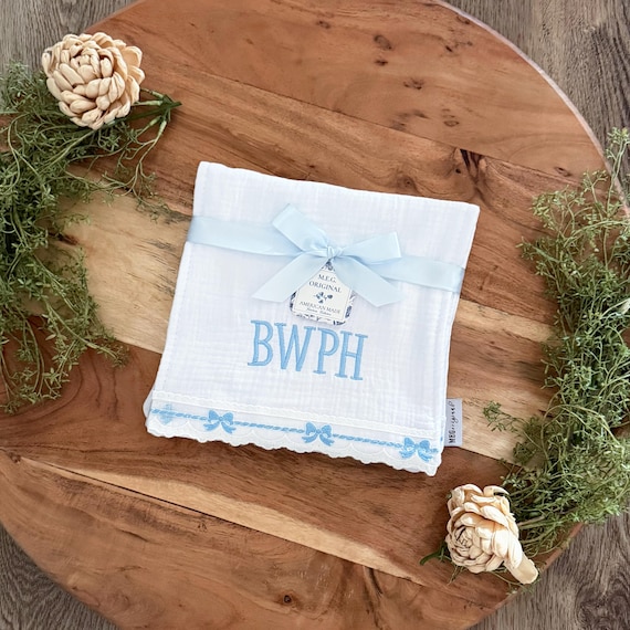 Personalized Cotton Baby Burp Cloth Set: Blue Bows, Monogram Option (Set of 2)