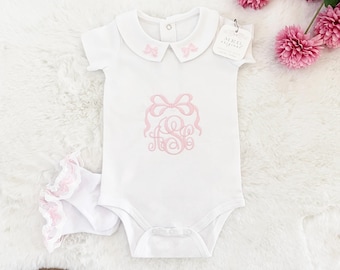 Beautiful Custom Newborn Baby Girl Collared Romper { Pink Bow + Monogram } Personalized Bodysuit, Popular Shower Gift, Gender Reveal Gift