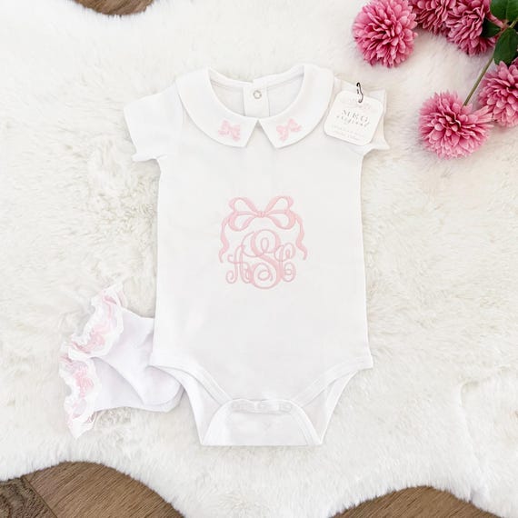 Beautiful Custom Newborn Baby Girl Collared Romper { Pink Bow + Monogram } Personalized Bodysuit, Popular Shower Gift, Gender Reveal Gift